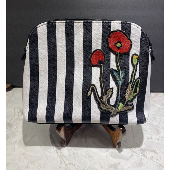 Black & White Striped Clutch Purse With Embroidered Red Flowers Nordstroms - Picture 1 of 1